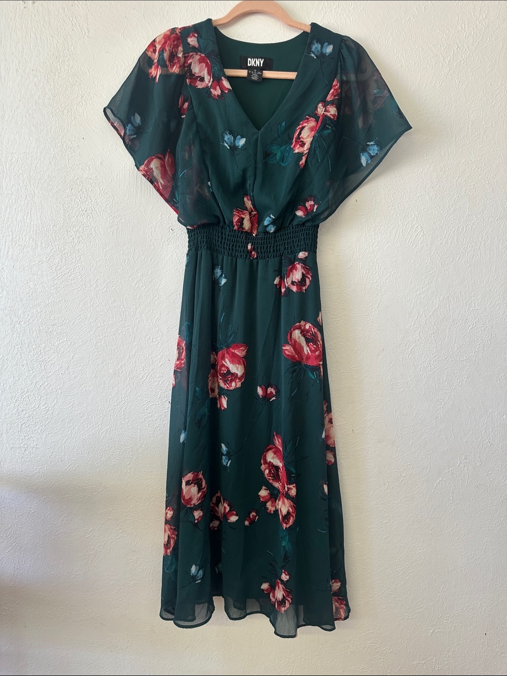 DKNY Dark Green Floral Maxi Dress with Red Accents